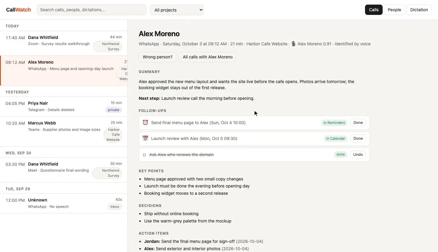 CallWatch web UI with sample data — a recorded call opens to its summary, follow-ups filed to Reminders and Calendar, key points and transcript, then a private call and the People view