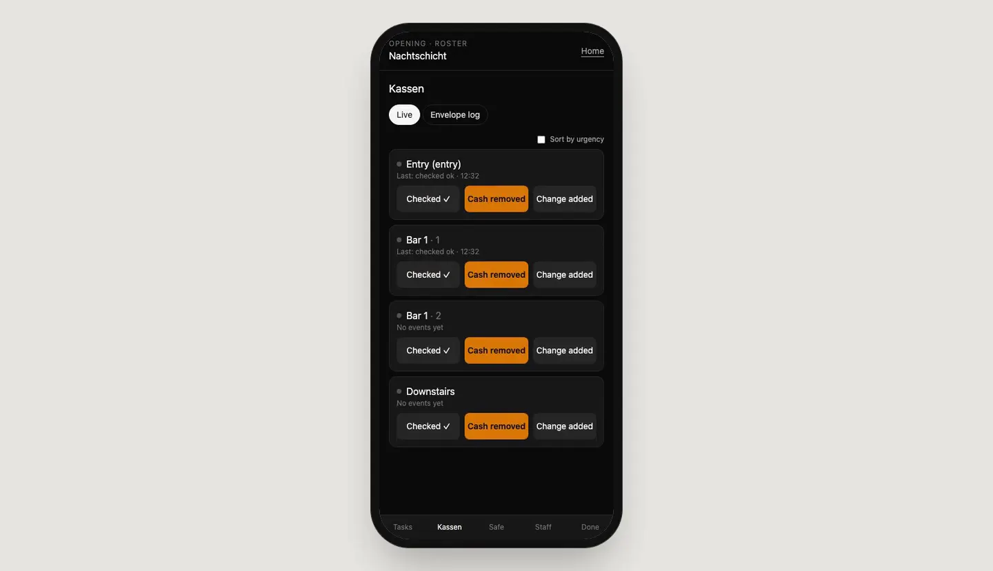 Jawohl on a phone — opening shift for a venue, ticking off setup tasks, logging cash register checks and clocking a bartender in with a tip reading