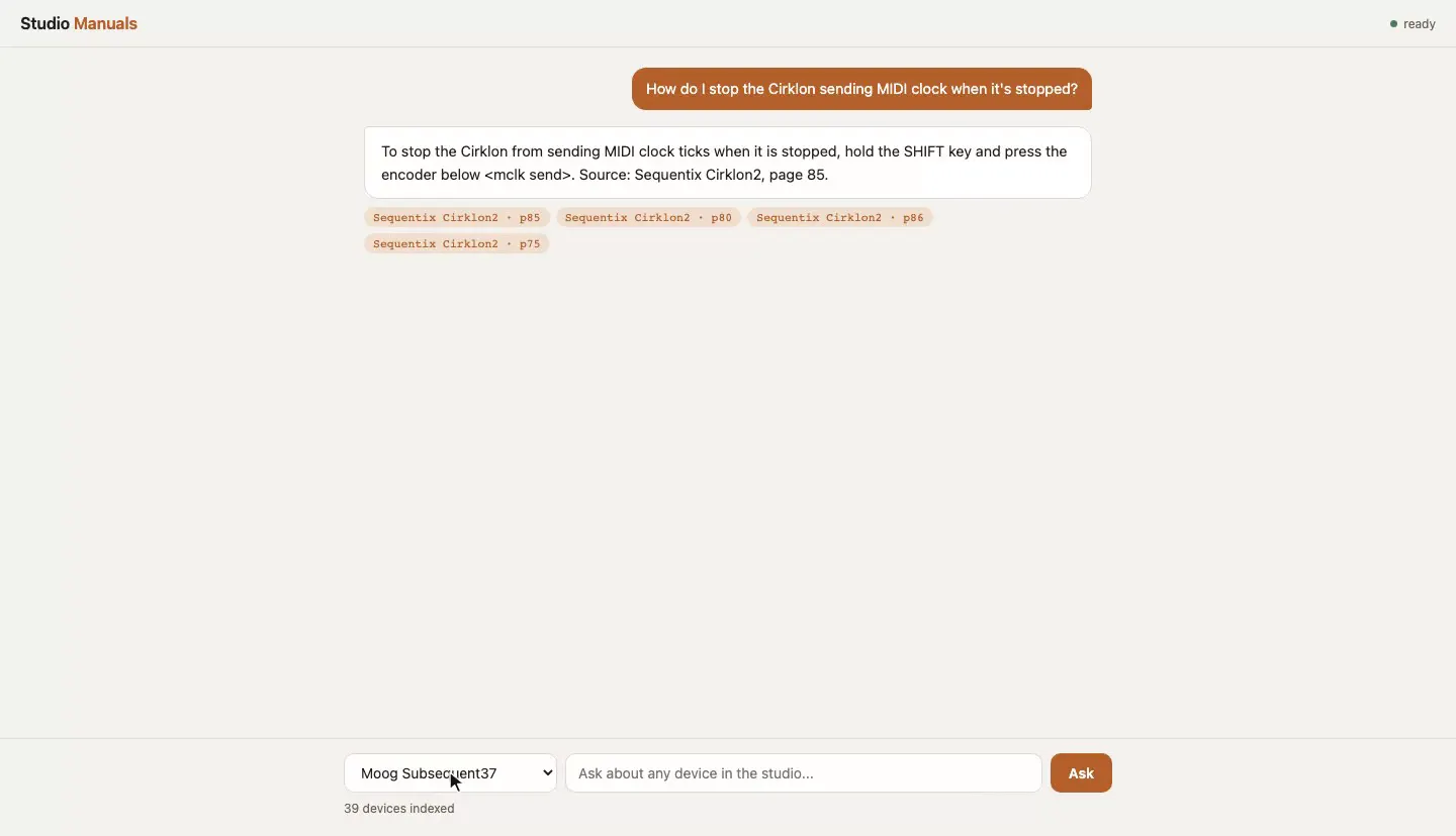 The Studio Manuals assistant answering two questions, on stopping Cirklon MIDI clock output and Moog Subsequent 37 calibration, each with the manual and page cited
