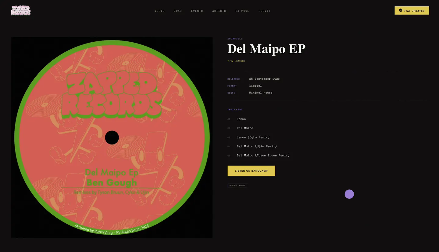 Walkthrough of zappedrecords.com — release page, store, collective and DJ submission form